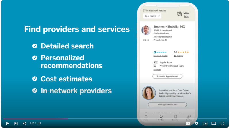 Screen shot of BlueCare Connect Guided Search features